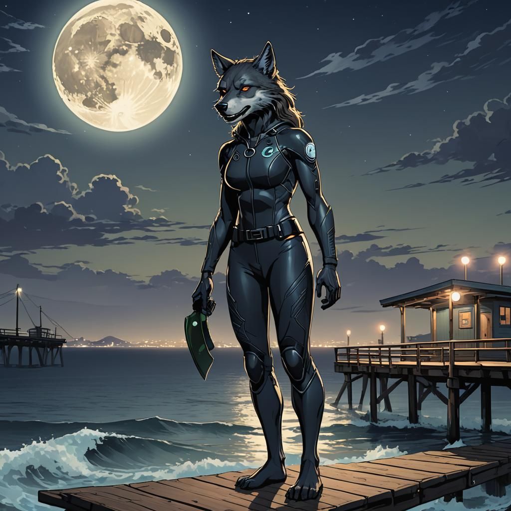 Female Werewolf Surfer in Anime Style