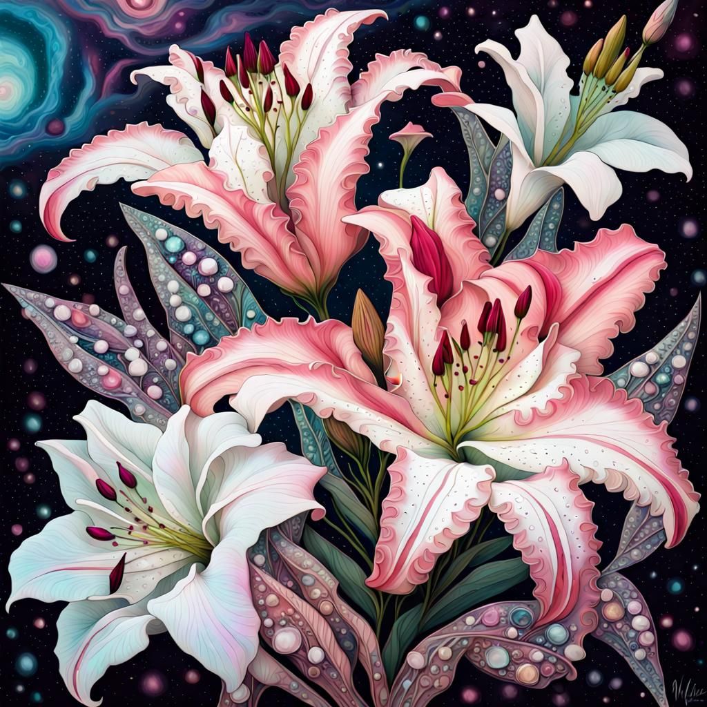 Cosmic Lilies and Roses in a Psychedelic Style