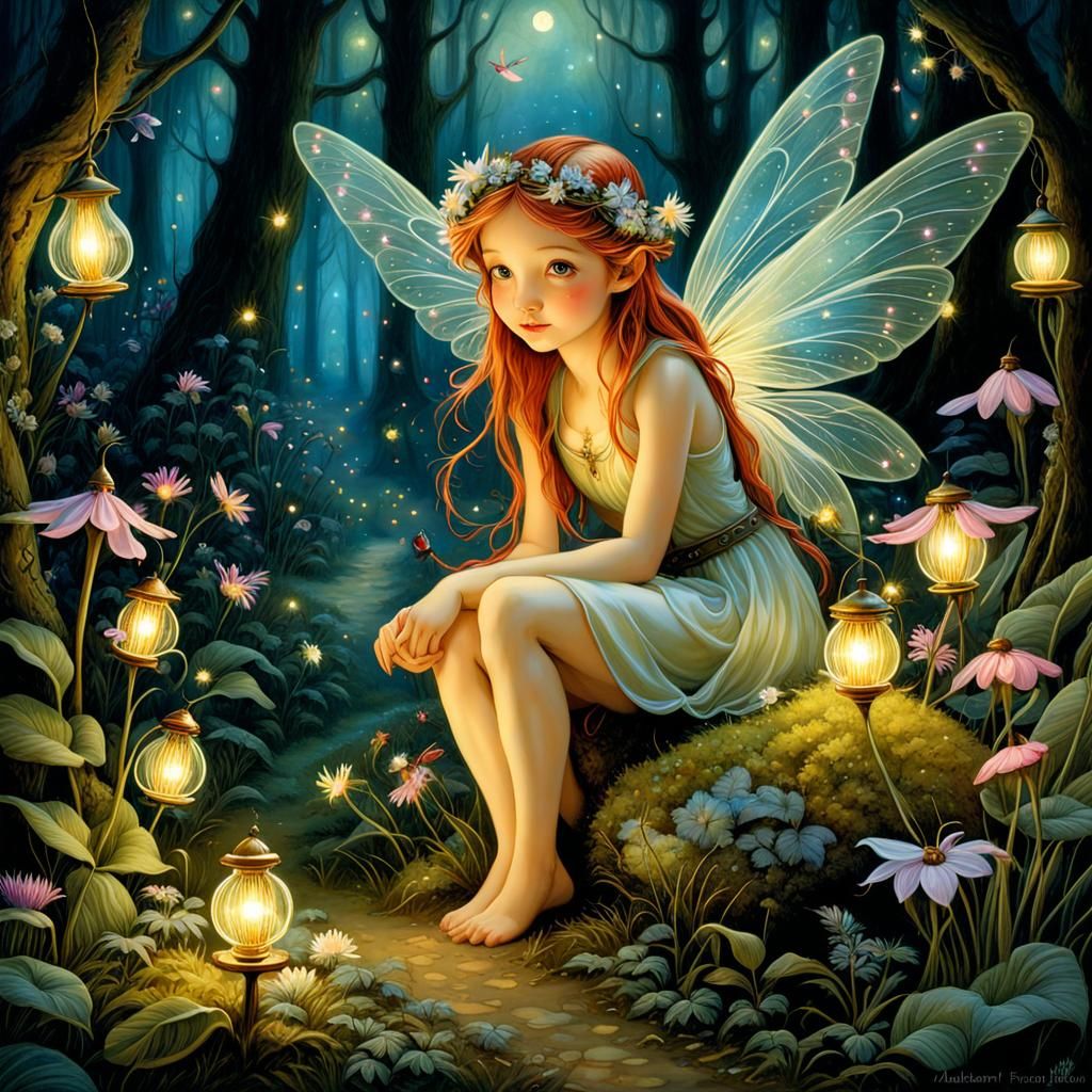 Enchanted Fairy Village with Fireflies at Night