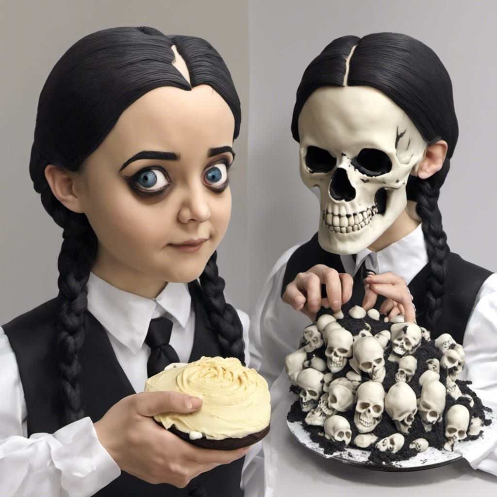 Wednesday Addams Baking a Skull Cake