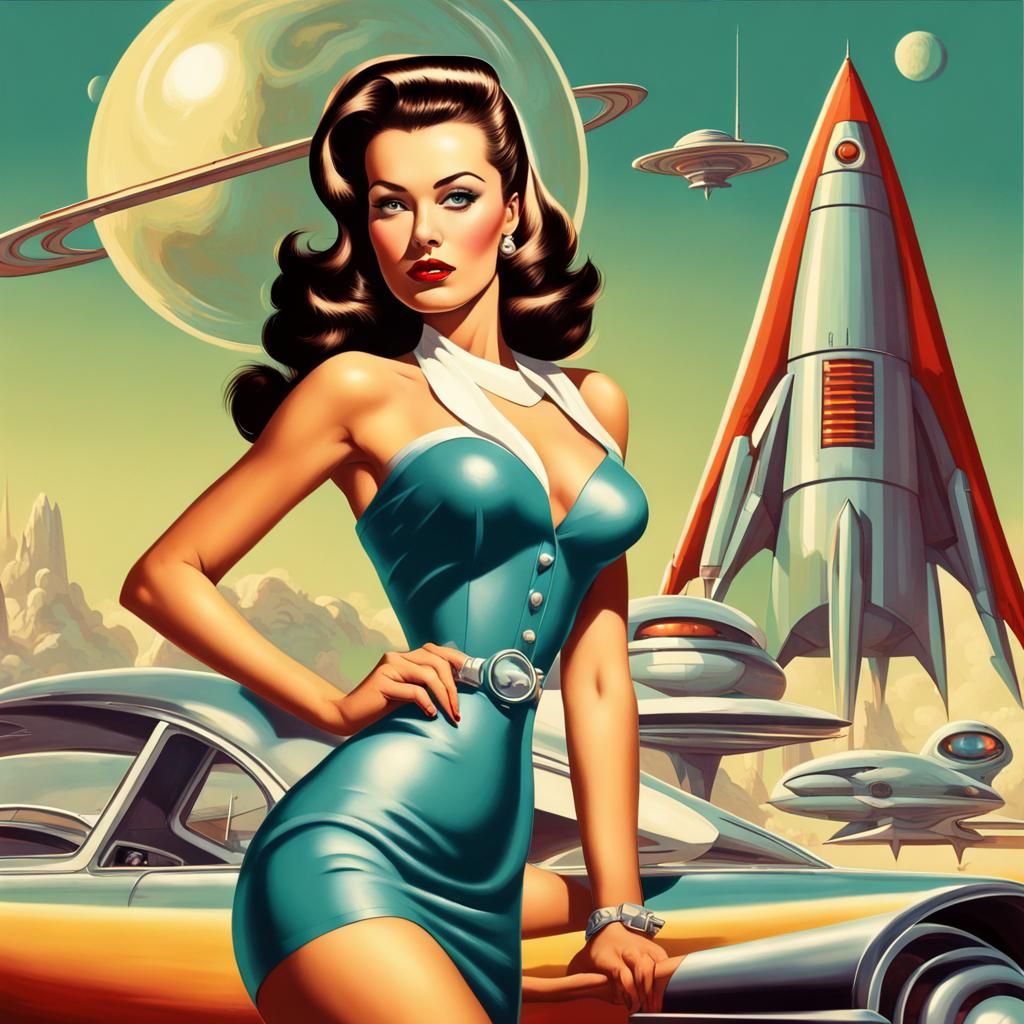 Retro-Futuristic Pin-Up Girl on Alien World