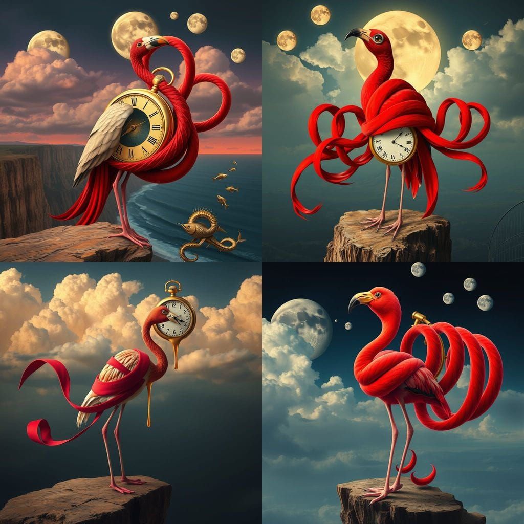 Surreal Bird with Clock and Ribbons in Dream Landscape