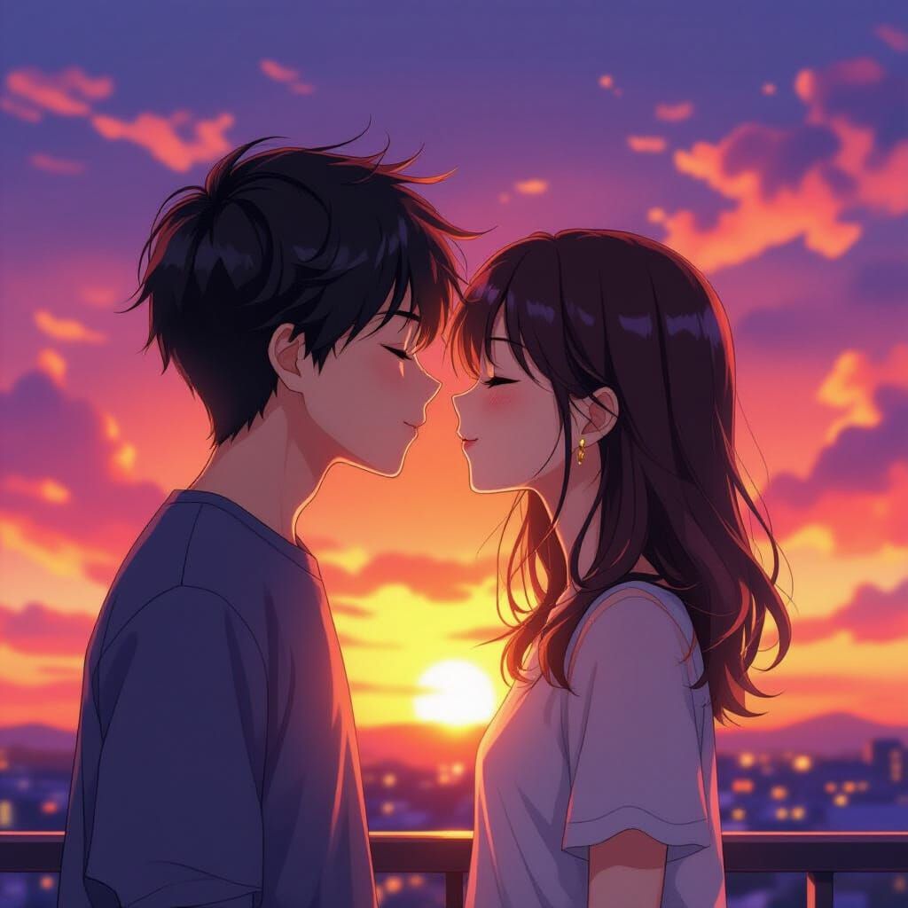 Cute Manga Couple Kissing at Realistic Sunset