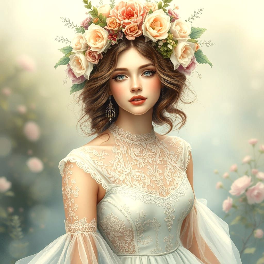 Whimsical Enchanted Woman in Floral Crown and Flowing Gown