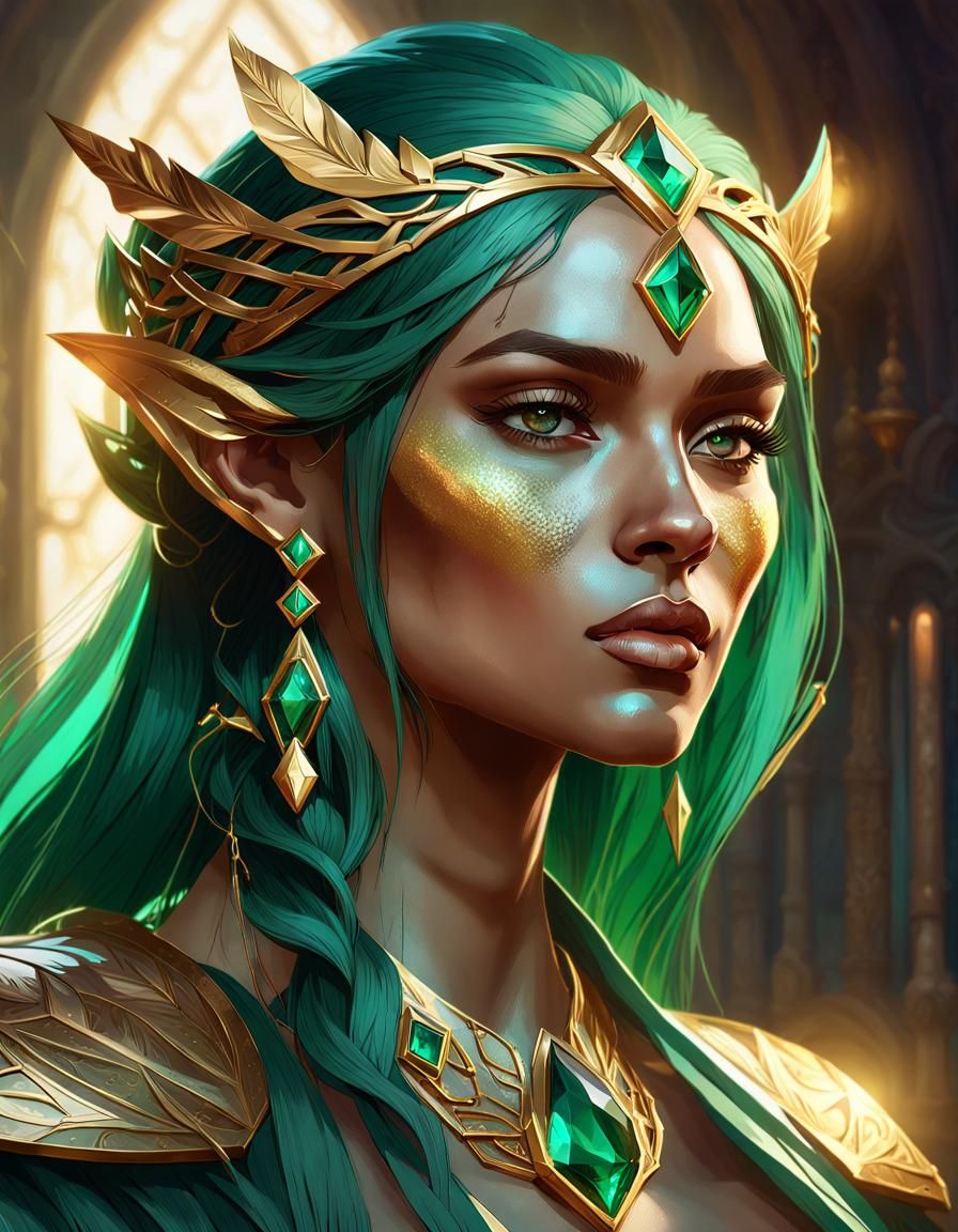 Enchanted Emerald Elf Portrait with Gold Jewelry