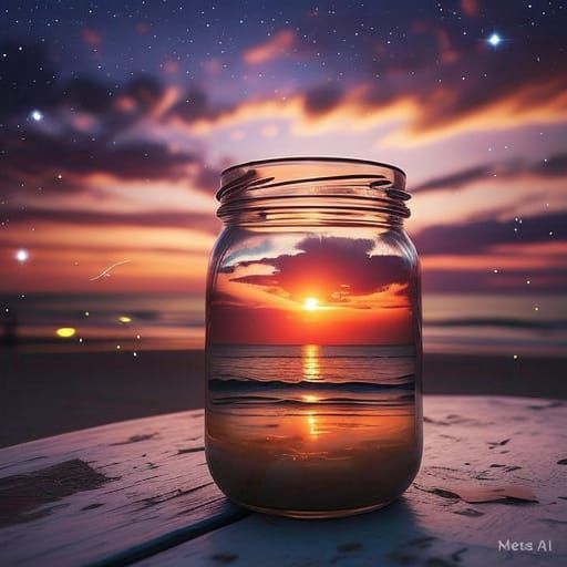 Stunning Sunset in a Glass Jar on Beach Table