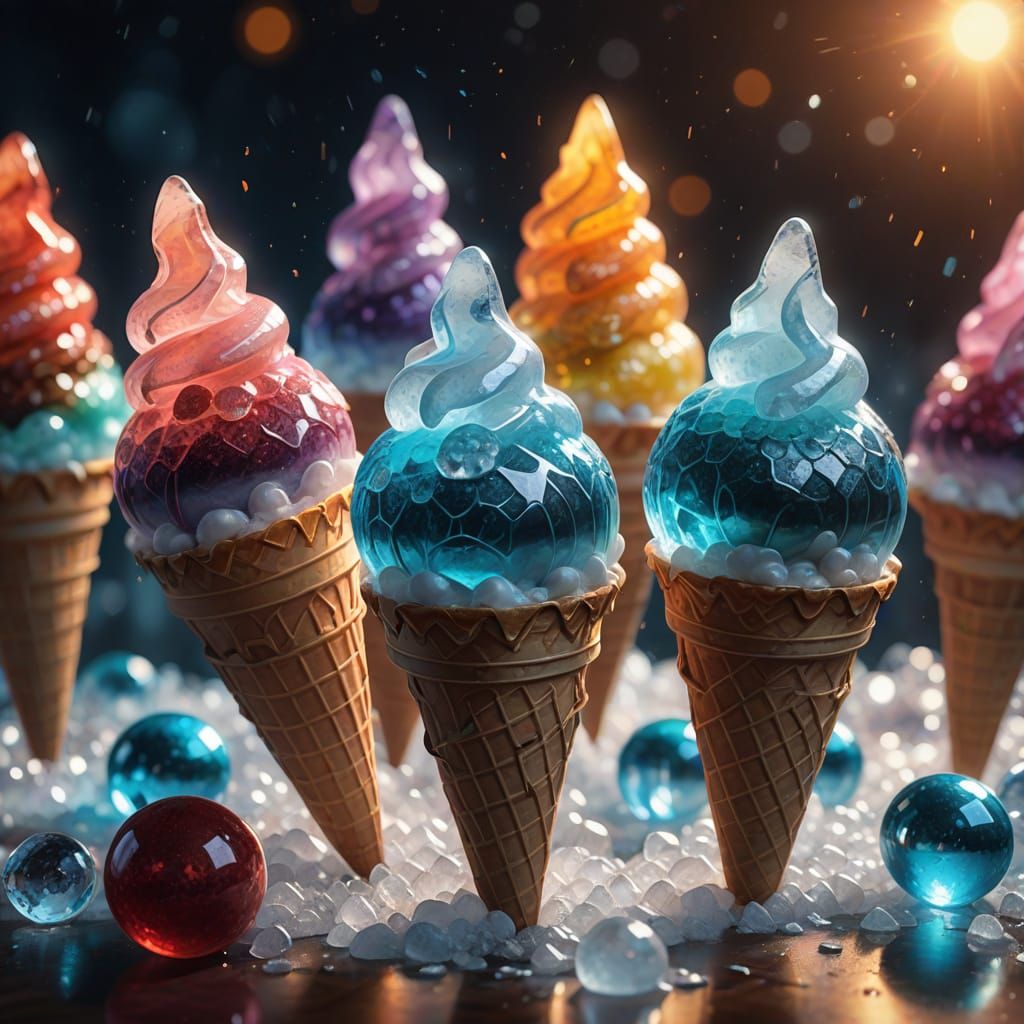 Glowing Crystal Ball Ice Cream in Oil Painting Style