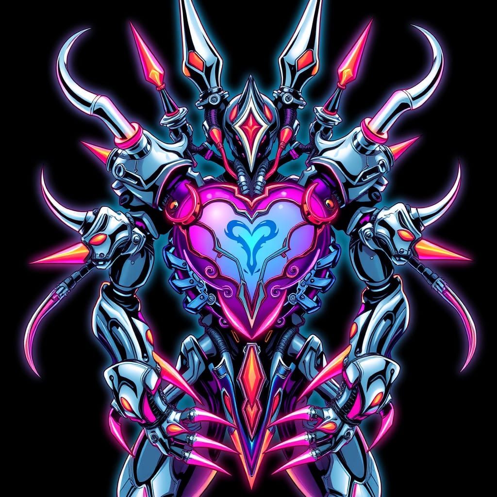 Cyberpunk Heart Exoskeleton in Vibrant 90s Anime Style