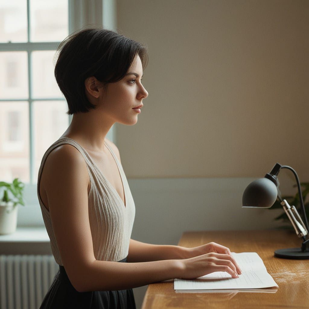 Photo of a girl with short dark hair standing next to a desk and looking straight. Side view. She is wearing white crop ...