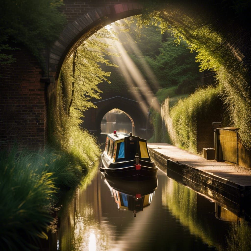 Narrow Boat Emerges into Sunlight on UK Canal