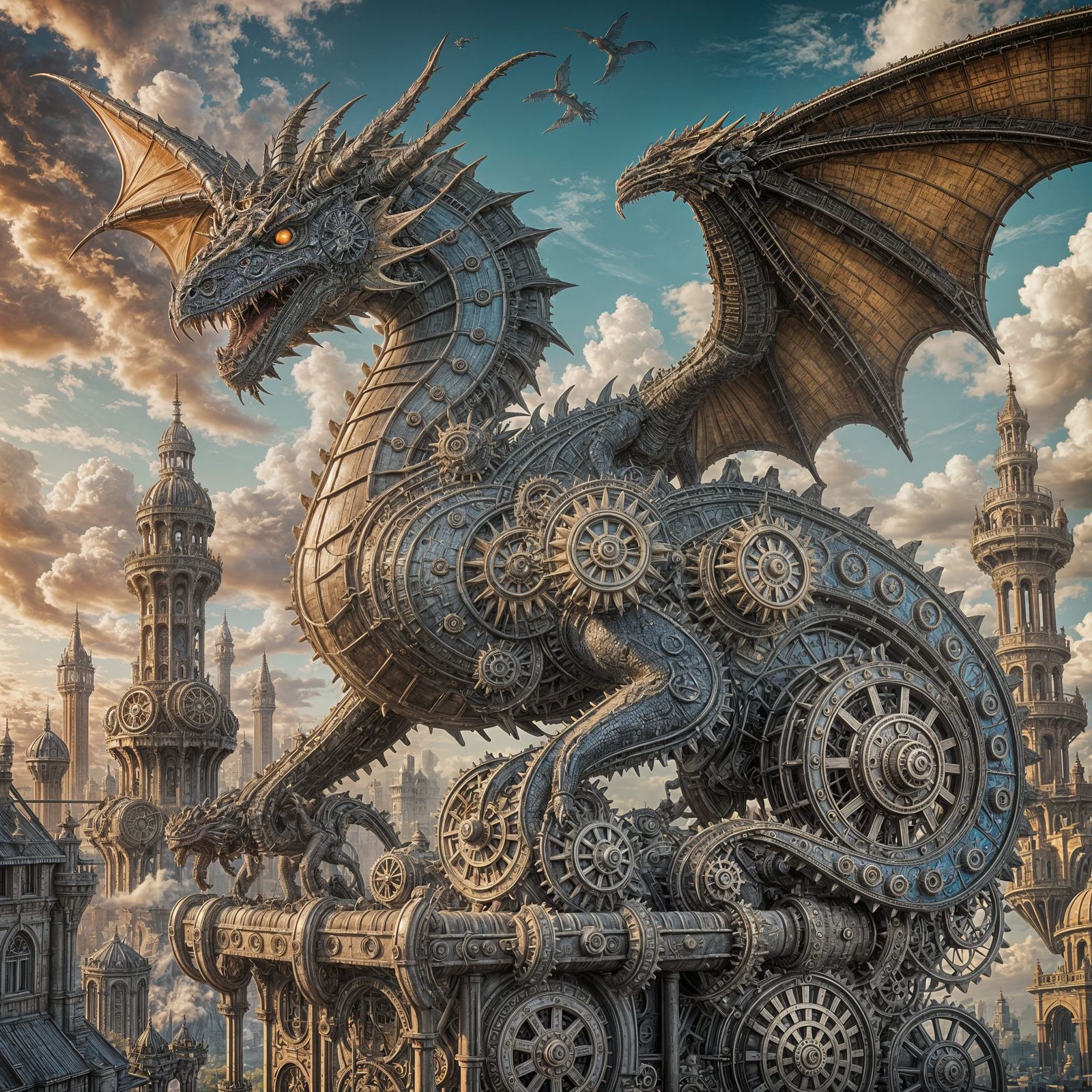 Mechanical Dragon Over Clockwork City in Steampunk Style