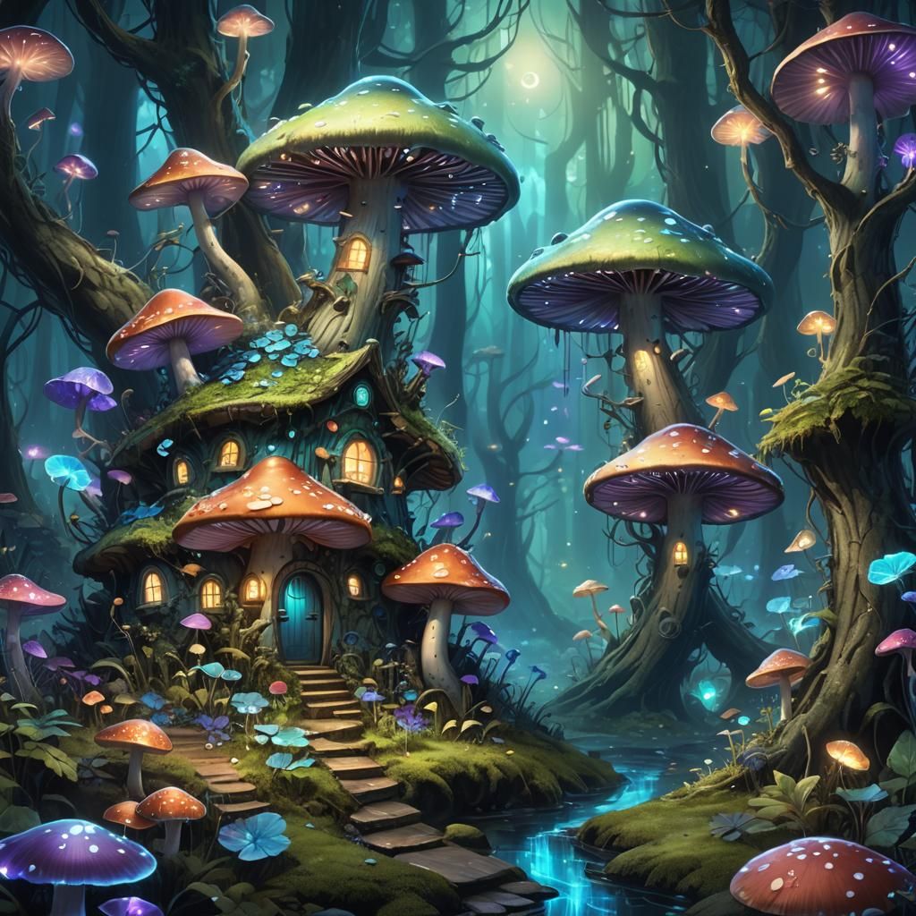 Enchanted Bioluminescent Forest Fairy Mushroom House