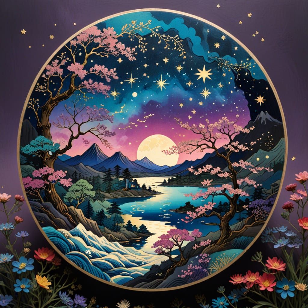 Ukiyo-e Dreamscape with Gold Outlines