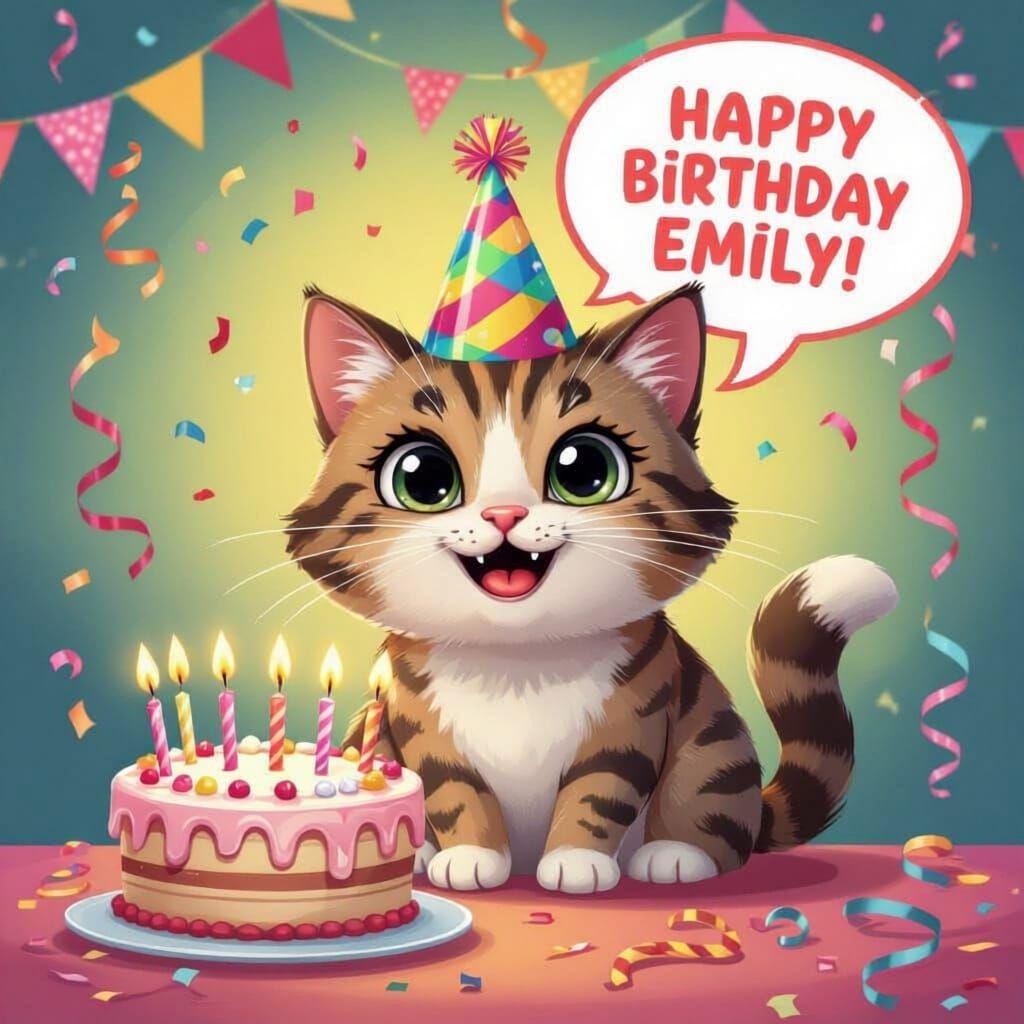 Happy Birthday Cat Meme with Party Hat and Cake