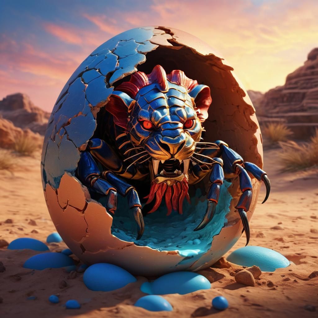 Hybrid Lion Scorpion Emerges at Oasis: Hyperrealistic Art
