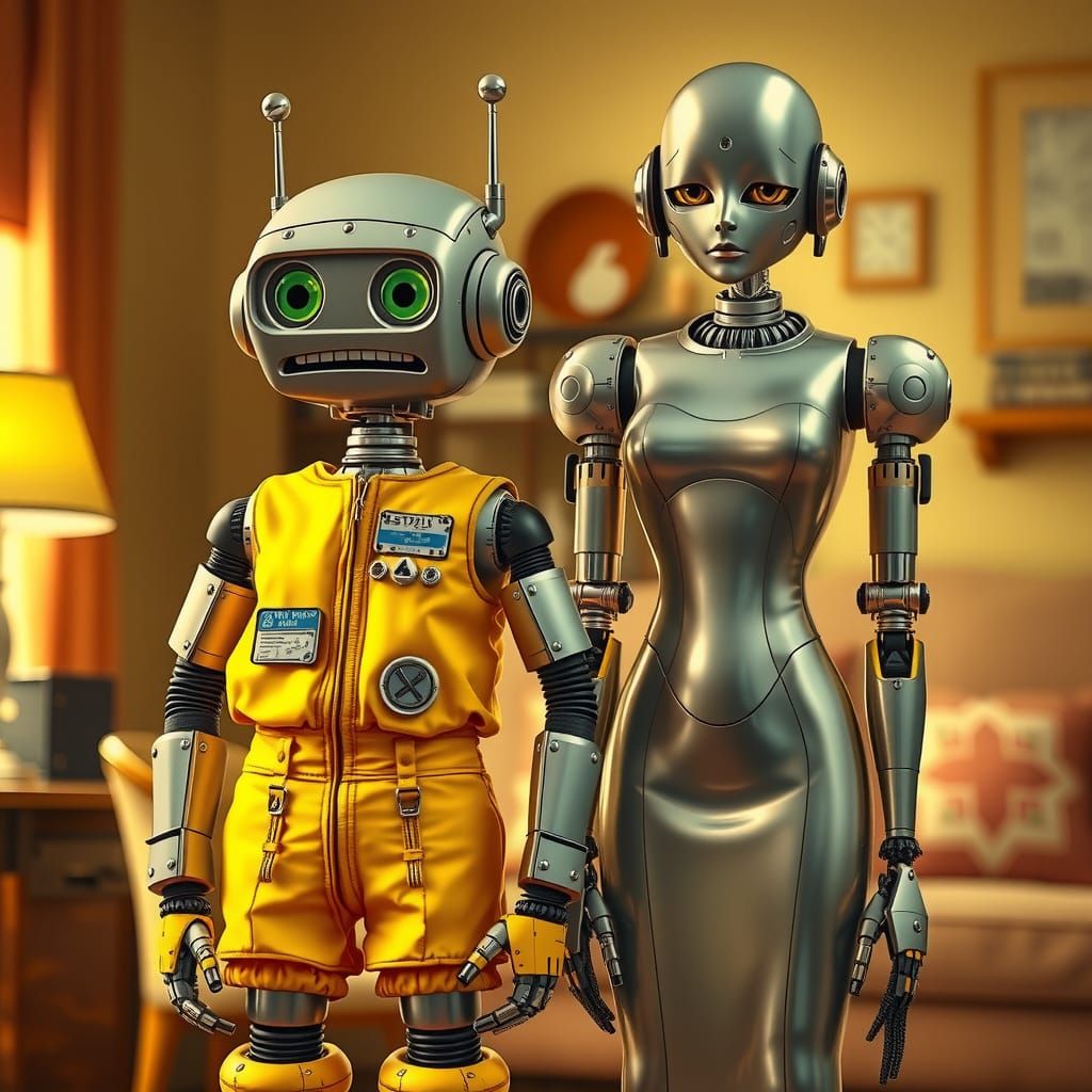 Hapless Robot with Exhausted Expression and Stern Wife