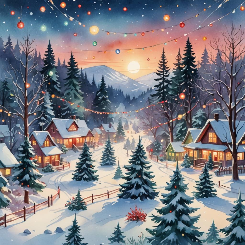 Christmas Planet Concept Art in Watercolor Style