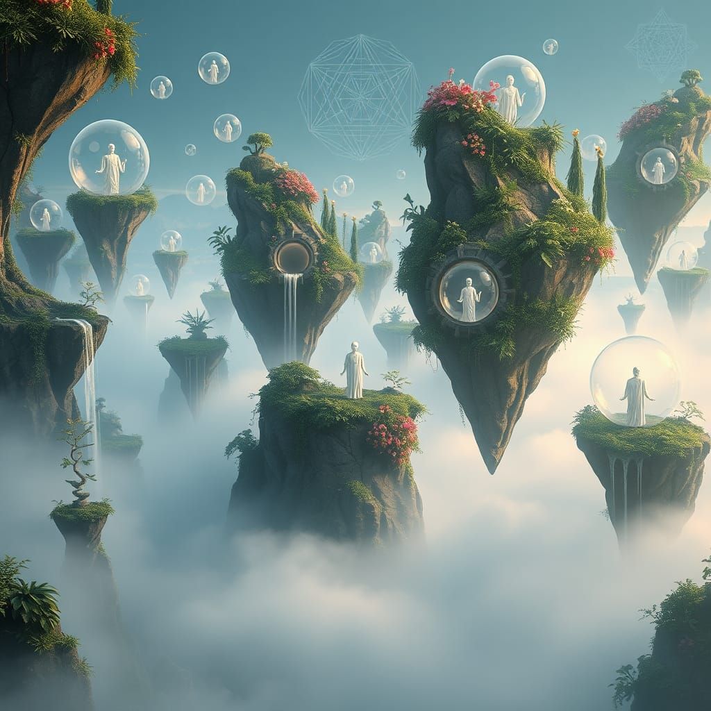 Dreamlike Sky Islands with Spirit Apparitions