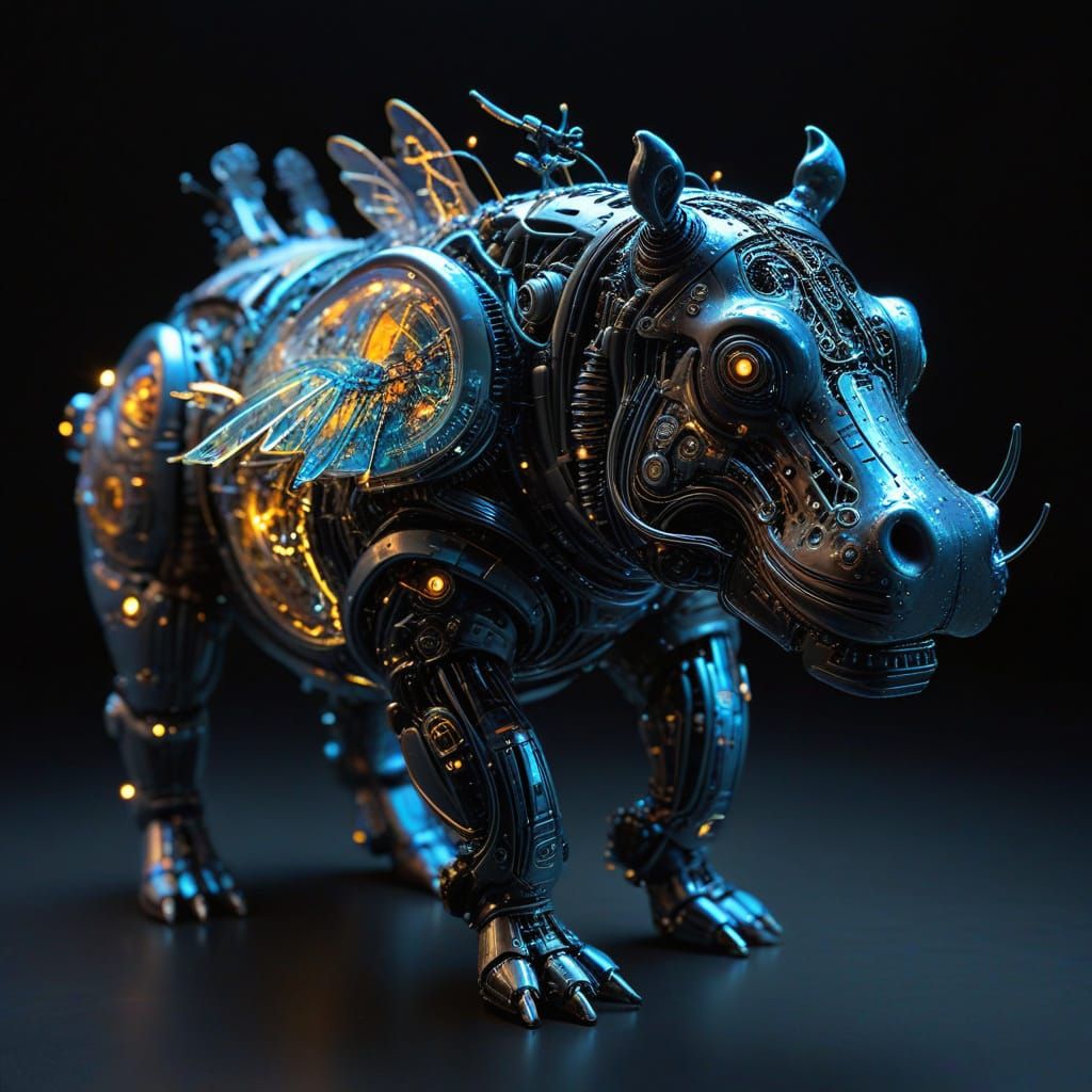 Cyborg Hippo with Cybernetic Details in 3D