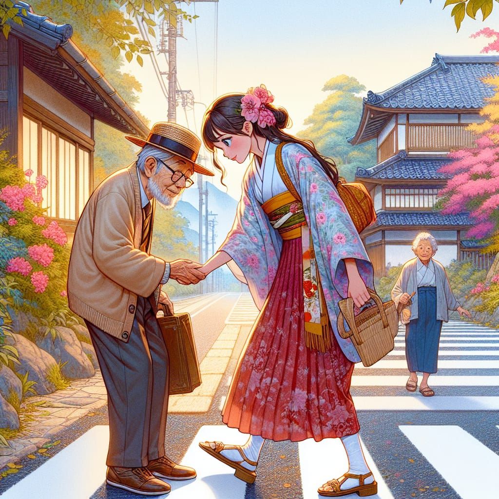 Elderly Man and Young Girl Cross the Road in Harmony with Na...