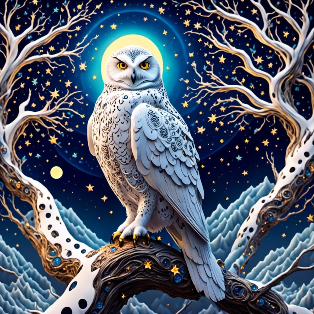Snowy Owl in Zentangle Nightscape
