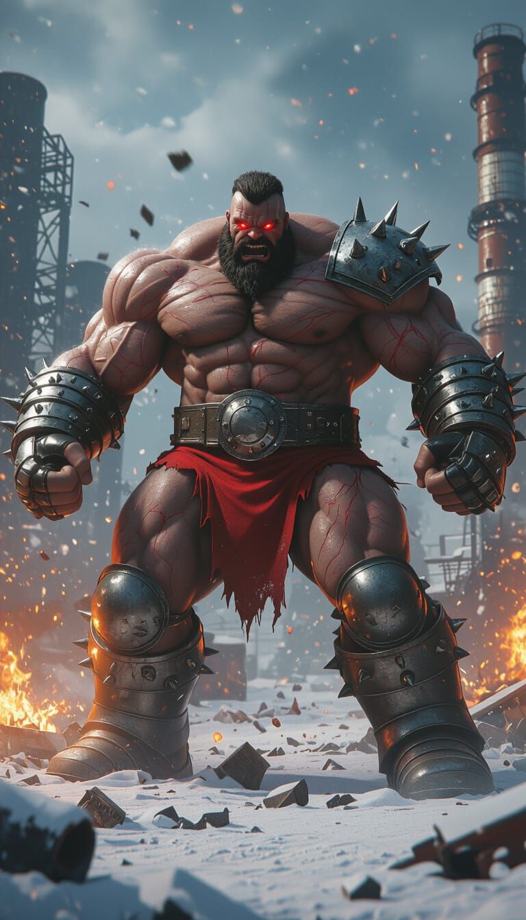 Hyper-Realistic Titan Zangief in Snowy Industrial Setting