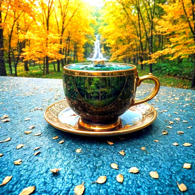 Autumn Forest Lake in Teacup: Anime Art