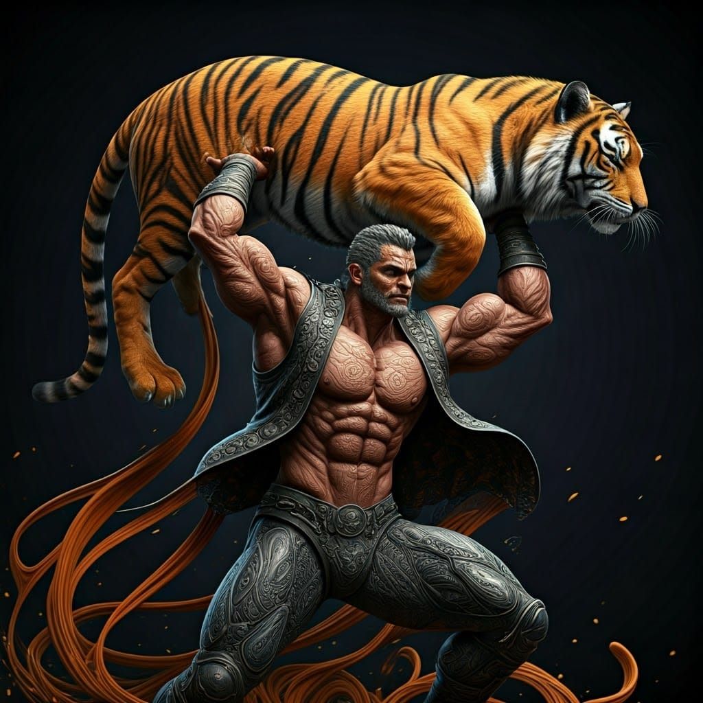 Thread Art Theme: Strong lifting a Tiger