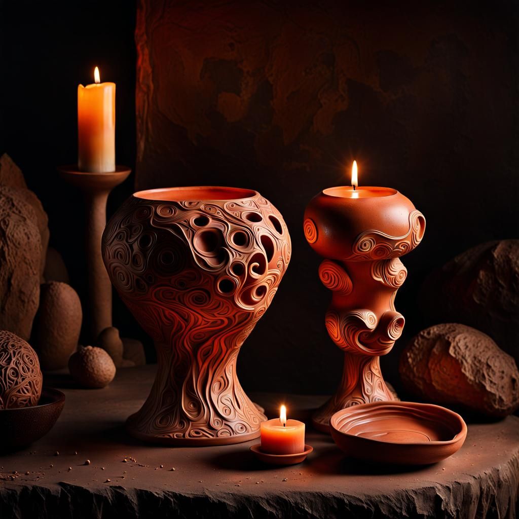 Ornate Clay Pottery with Candle, Hyperrealistic