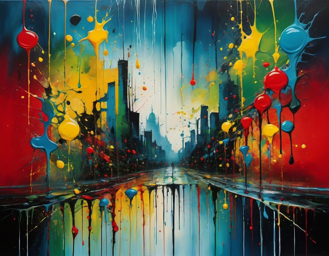 Vibrant Cityscape in Oil Painting with Triadic Colors
