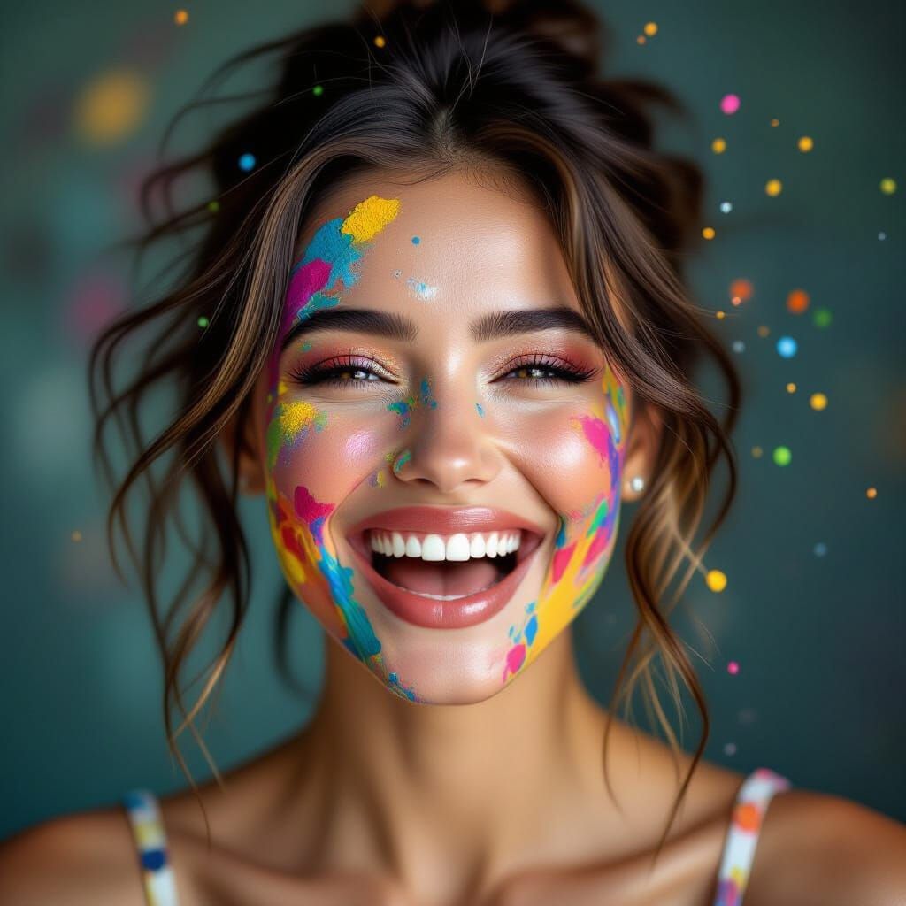 Joyful Woman Laughing Amidst Splashing Colorful Paint