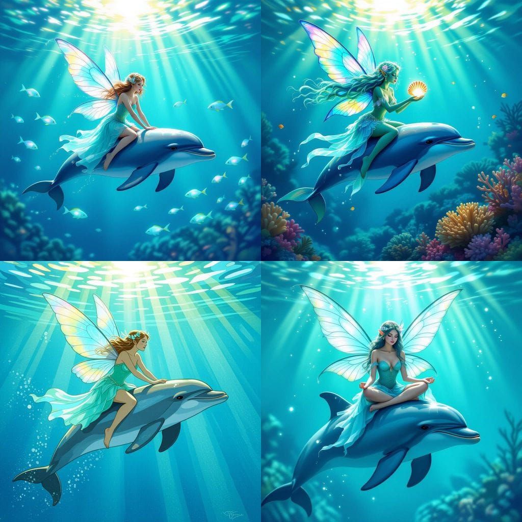 Turquoise Fairy and Dolphin in Magical Aquatic Scene