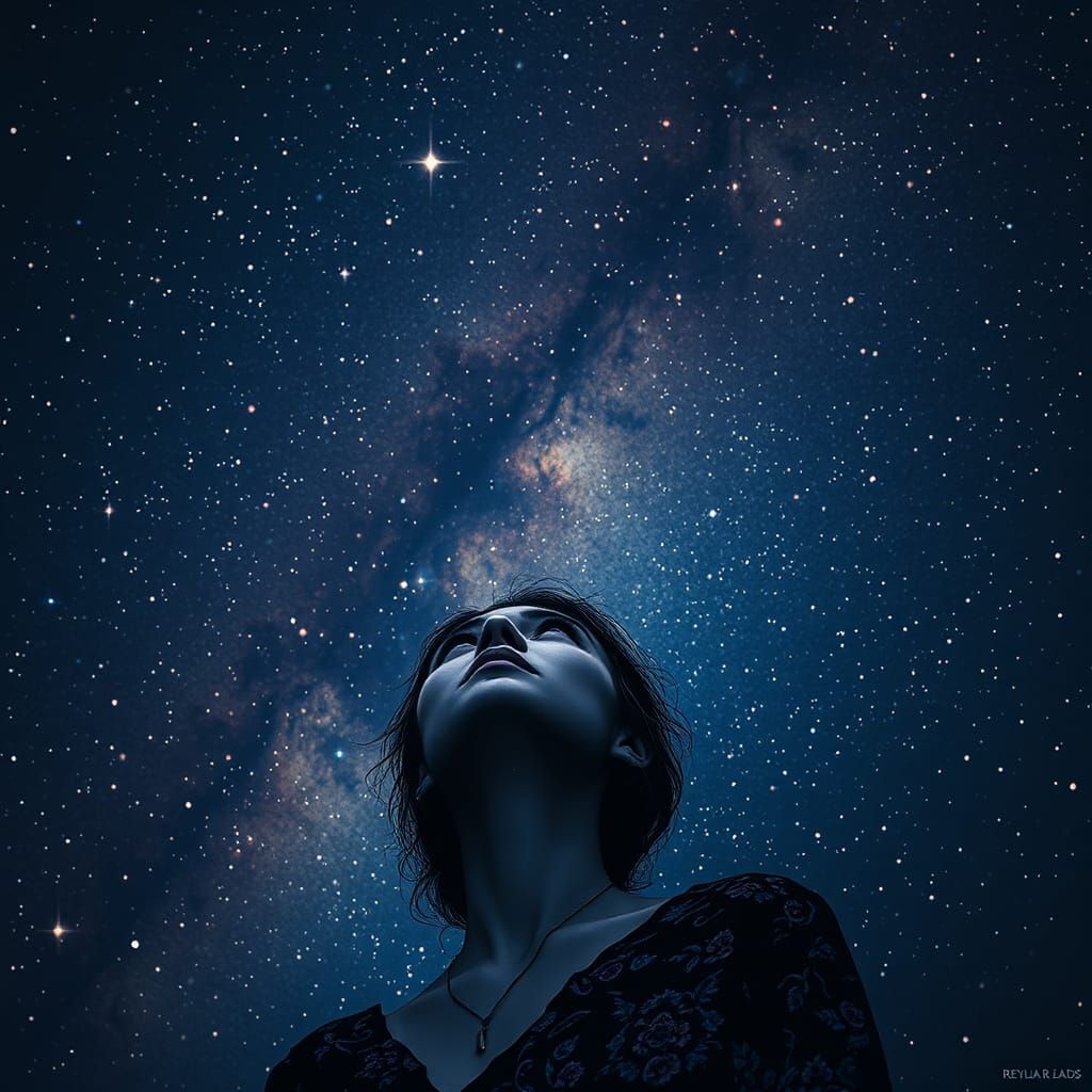 Woman Gazing at Stars in Pointillist Screen Print