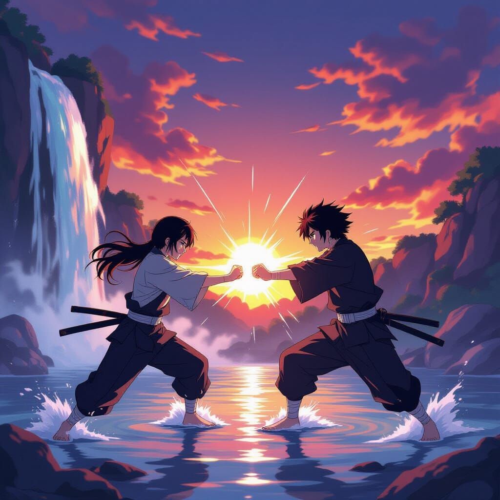 Intense Anime Sparring at Sunset with Waterfall