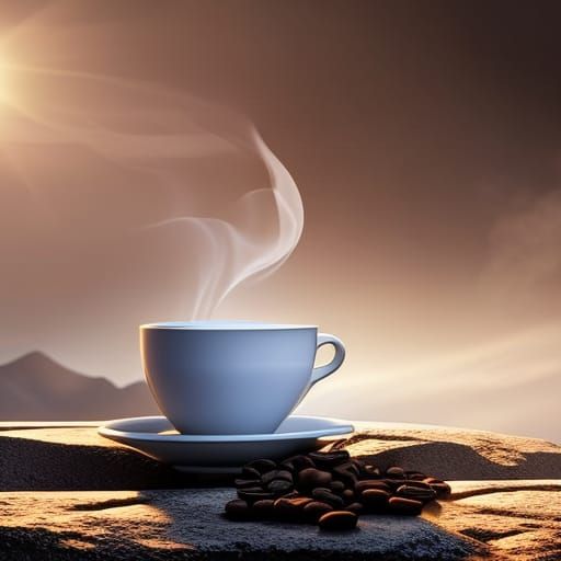Steamy Coffee Cup at Sunrise in Dark Fantasy Style
