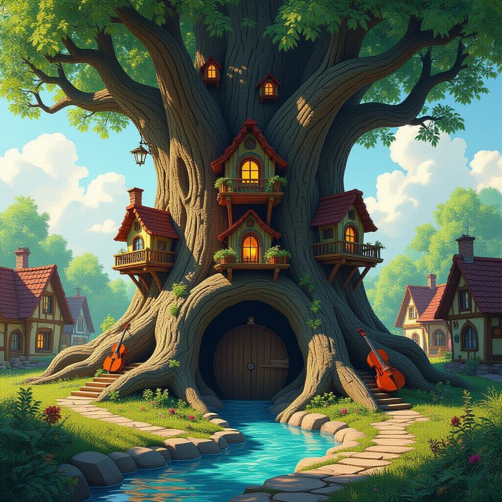 Enchanted Tree Village in Cubist Style