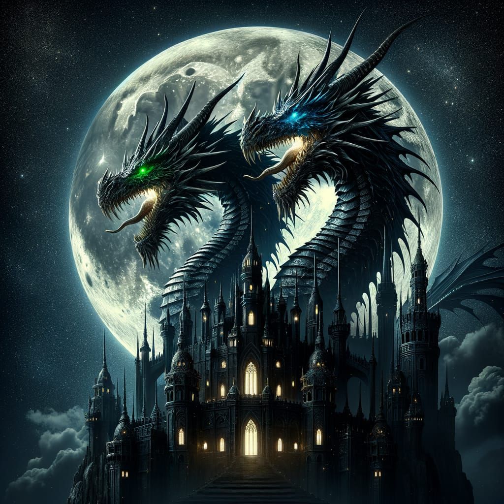 Mystical Two-Headed Dragon Over Castle