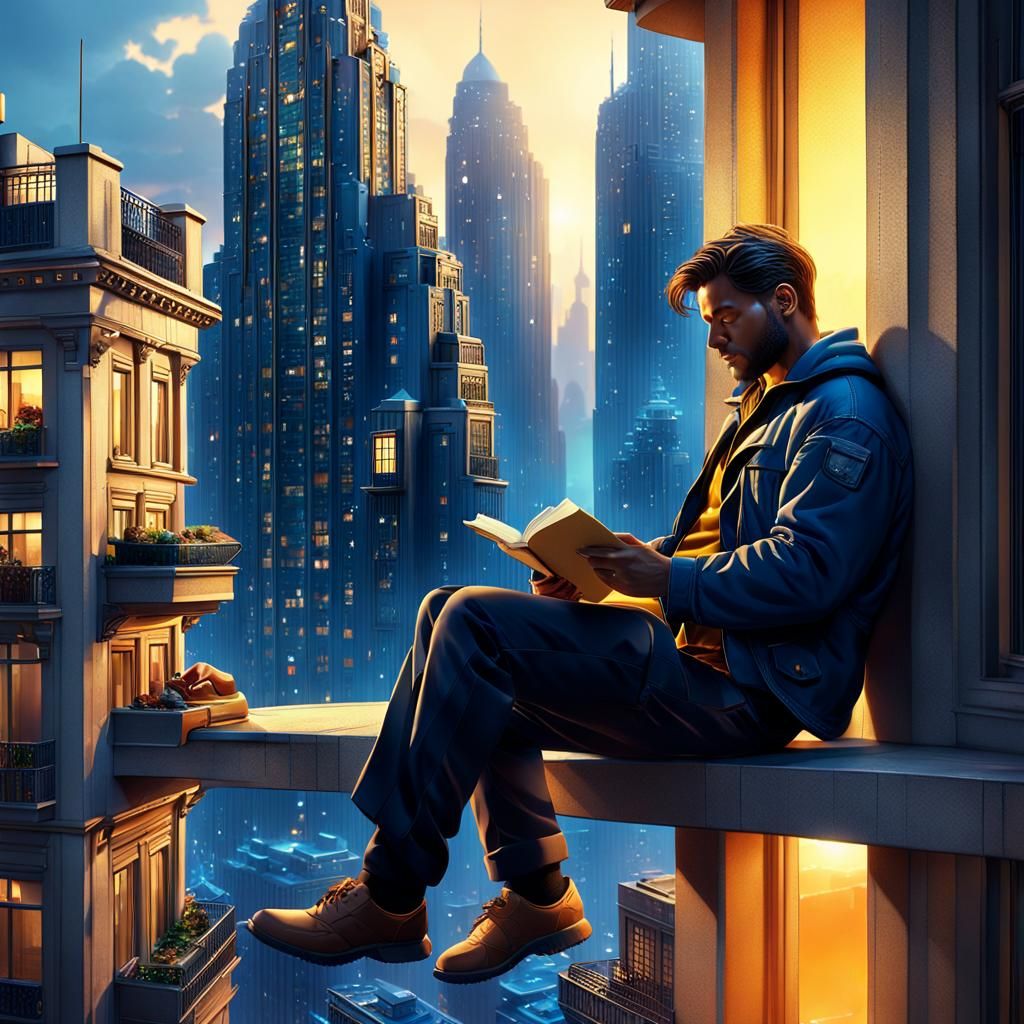 Skyscraper Balcony Reader in Detailed Matte Painting
