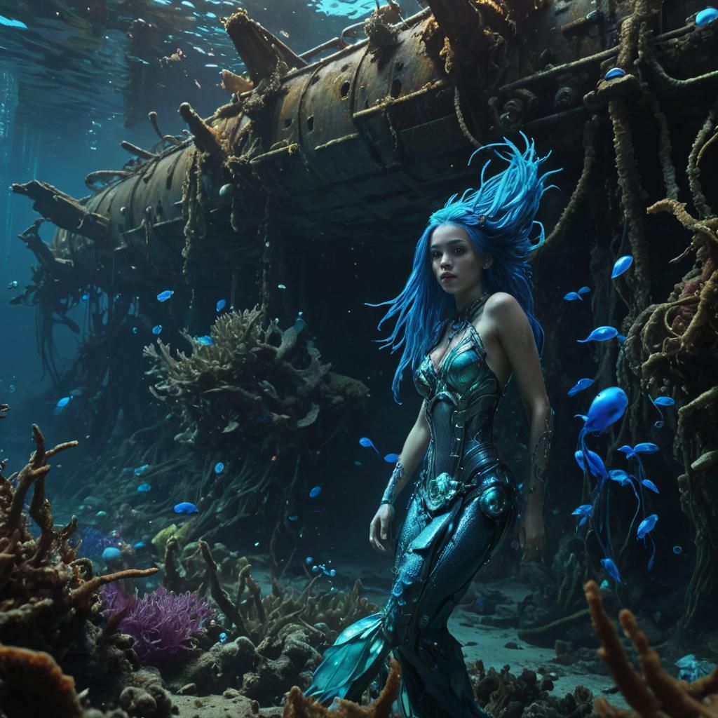 Cyberpunk Mermaid in Sunken Submarine Wreck