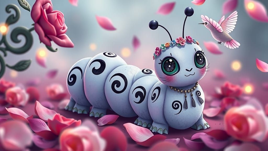 Pastel Caterpillar in Rose Garden, Kawaii Gothic-Hippy Style