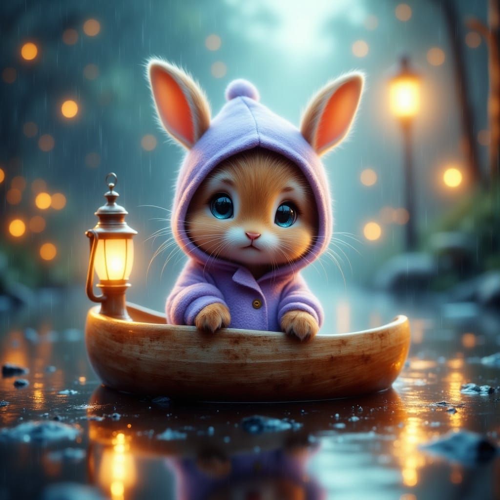 Fluffy Bunny in Canoe: Pixar-Style Rainy Day