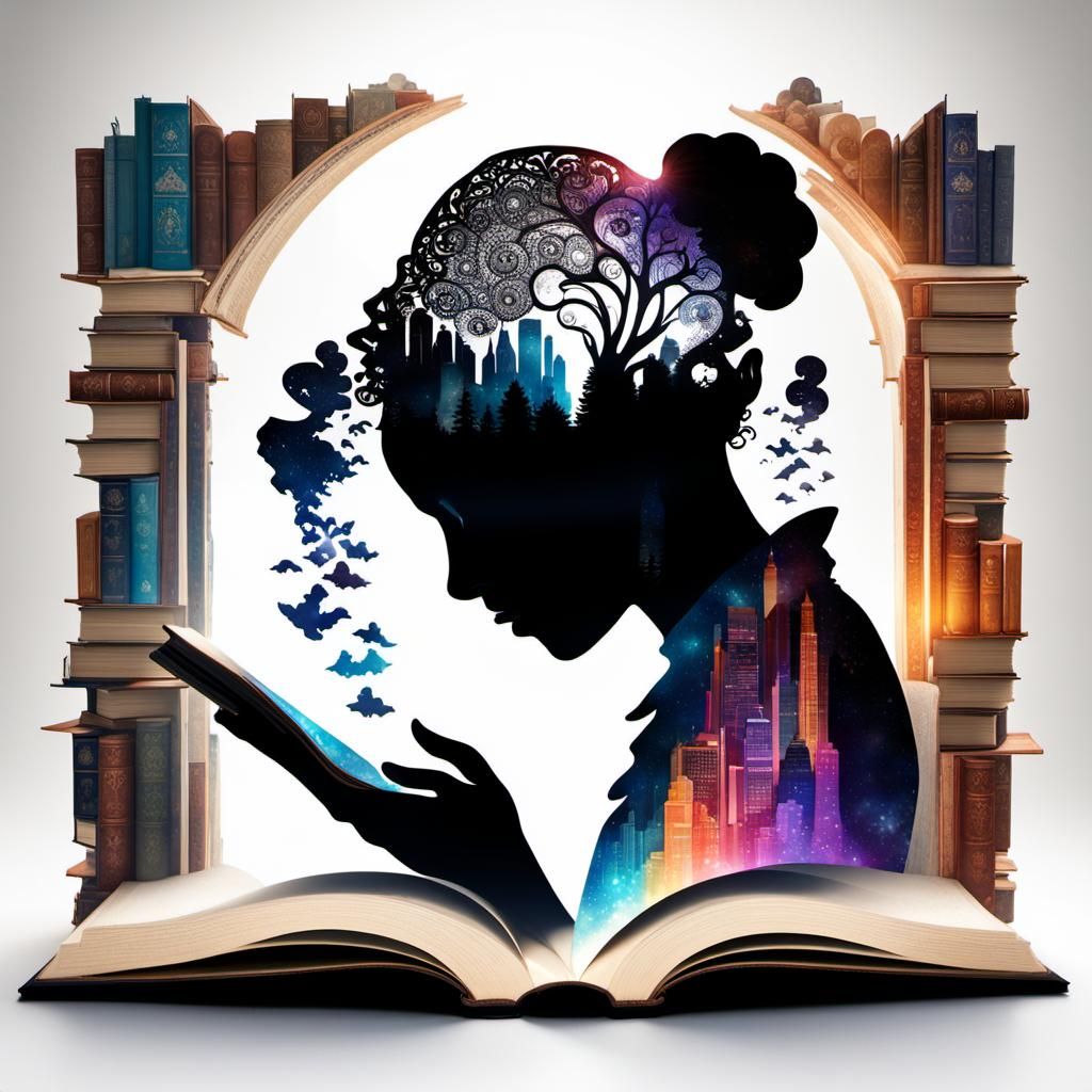 Library Silhouette Double Exposure: Surreal Crochet Art