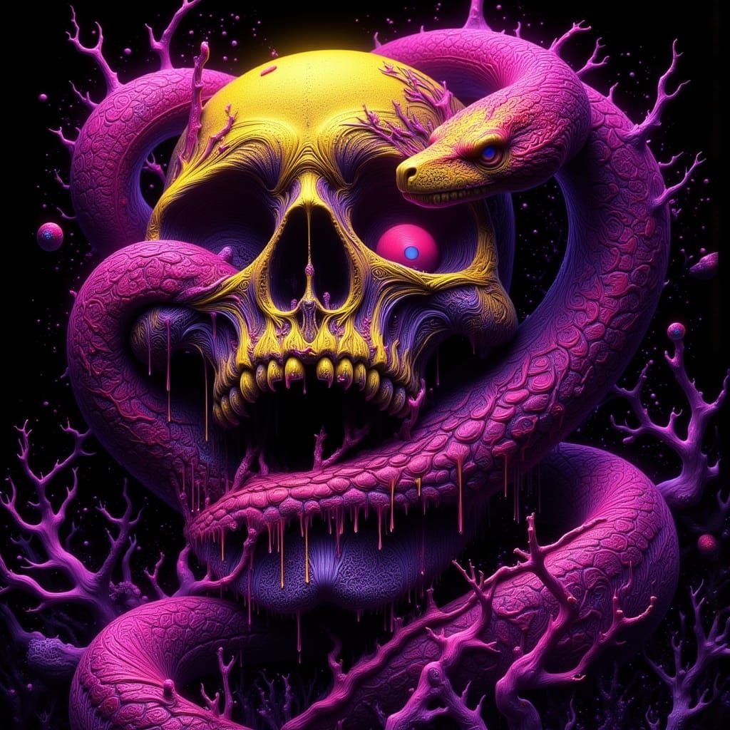 Creepy Golden Skull with Neon Snake, Digital Painting