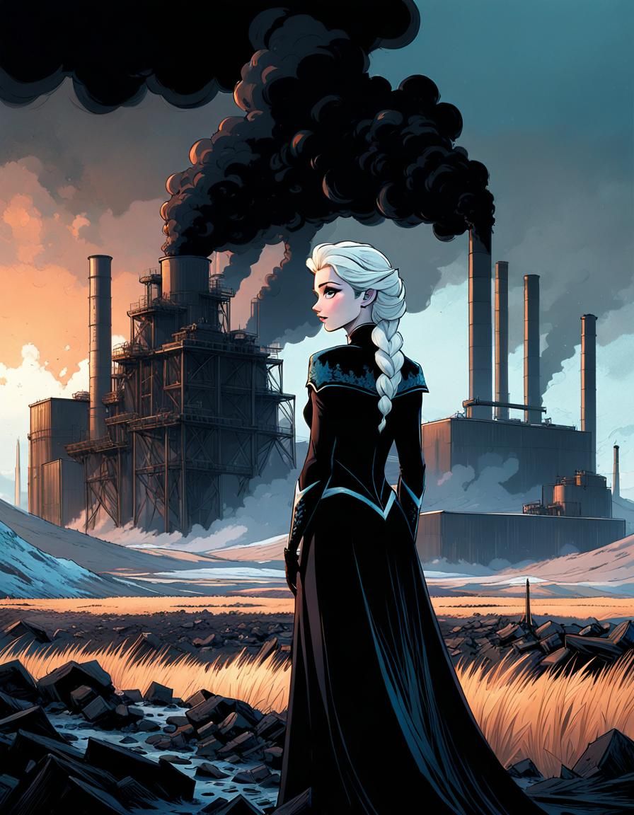Elsa in Apocalyptic Landscape with Coal Plant