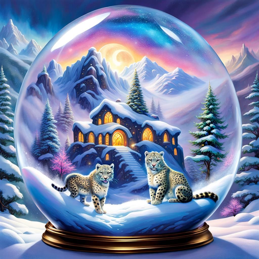 Iridescent Snow Globe Igloo with Snow Leopard Family