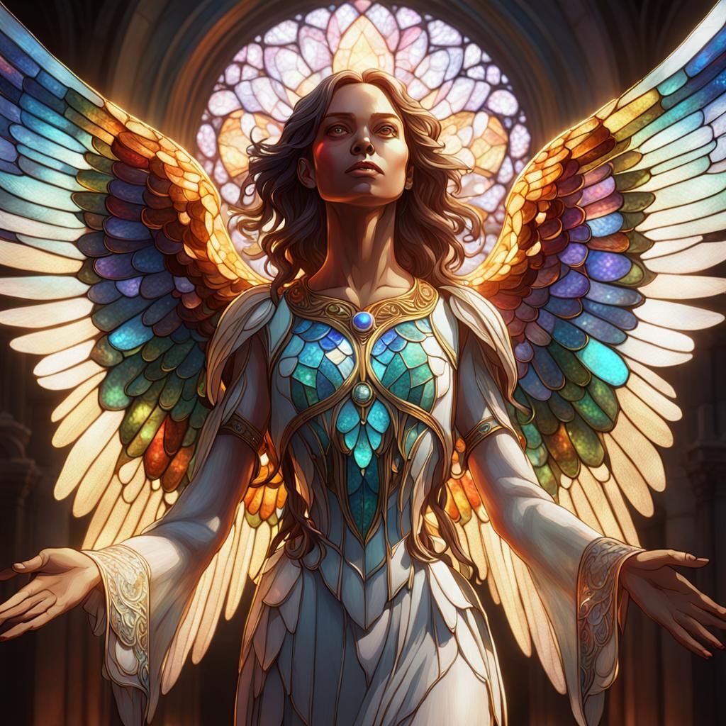 Surreal Angel Portrait in Vibrant Stained-Glass Style