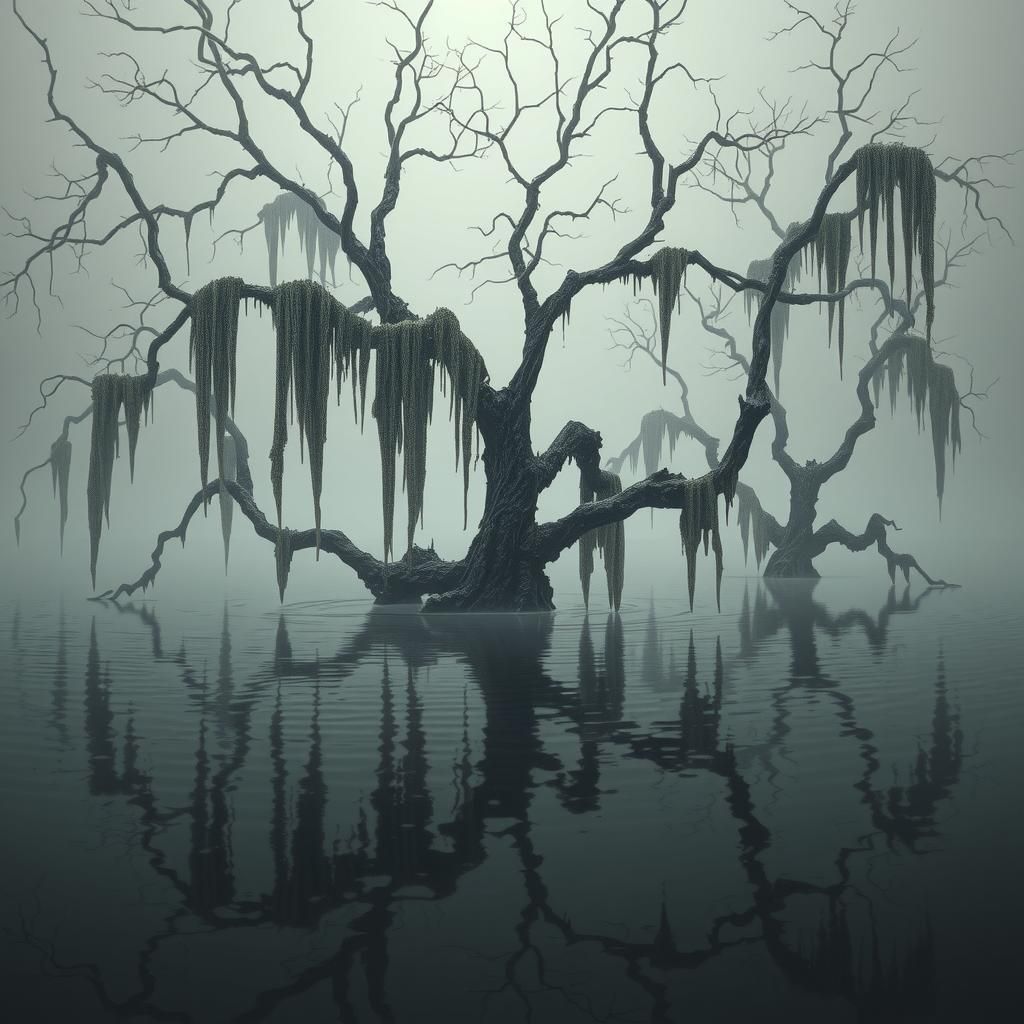 Eerie Bayou with Zombie Trees in Dark Fantasy Style