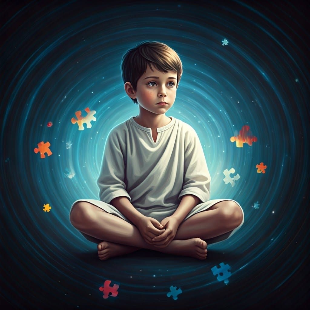 A Young Boy Surrounded by Celestial Puzzle Pieces in a Dream...