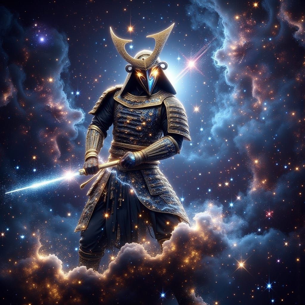 Cosmic Samurai Warrior on Nebula in Dark Fantasy Style
