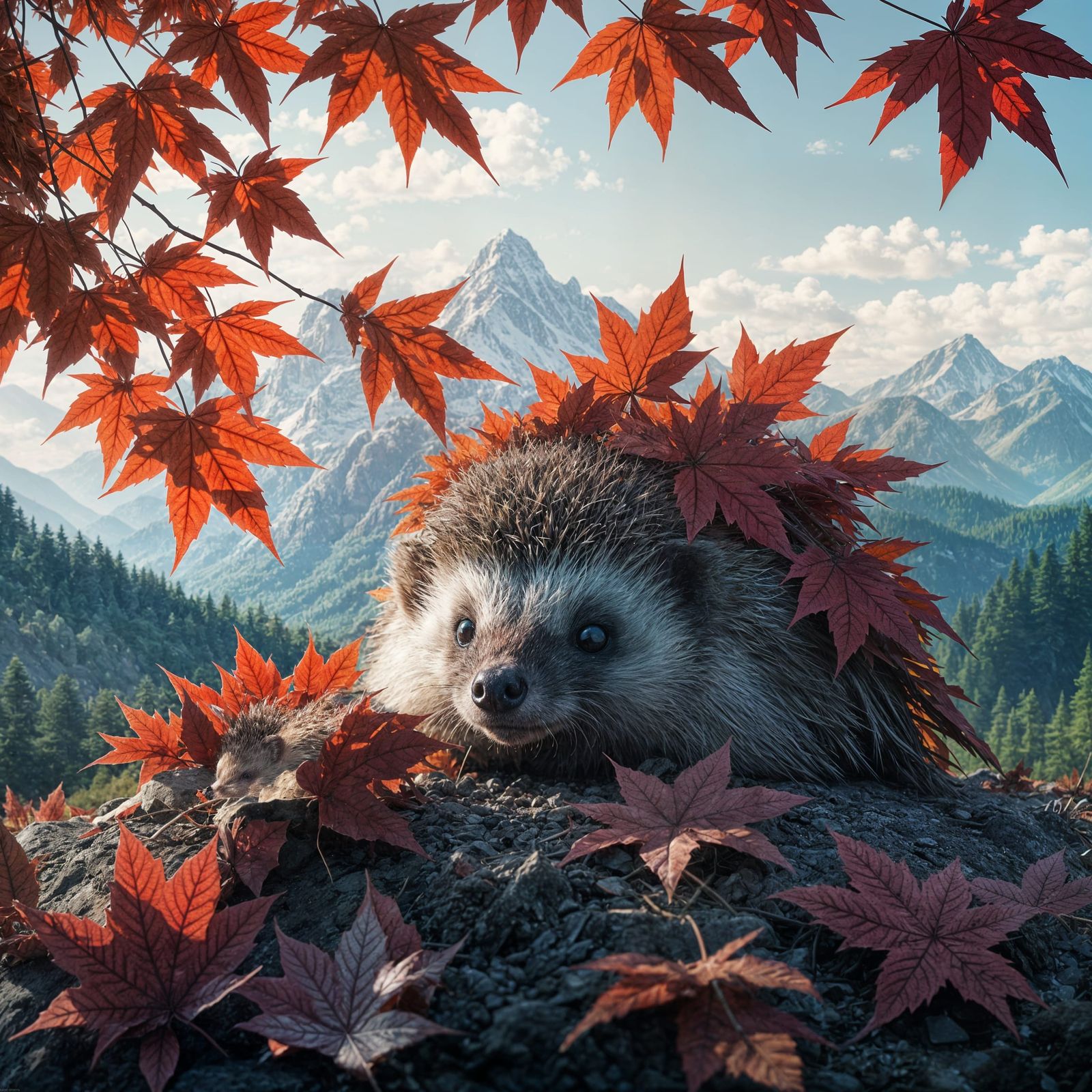 Hedgehog Peeking From Red Maple Leaves in Dreamlike Landscap...